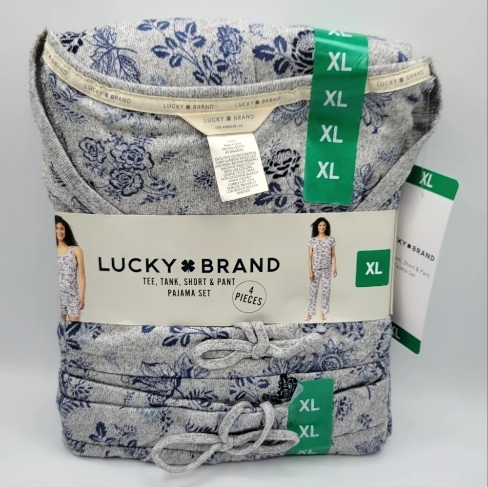 Lucky Brand Floral Tee Tank Shorts Pants Pajama 4 Piece Set Blue Grey XL